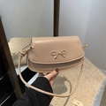 Nude bow shoulder bag with gold metal buckle and smooth PU leather finish - Khaki
