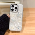 Detailed view of pearl white iPhone case with shimmering starfish and seashell accents - White Glitter Drip Glue Cat-eye Starfish / iPhone 7/8/SE 2020