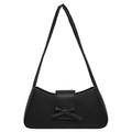 Elegante borsa baguette nera in pelle a grana con dettaglio fiocco sottobraccio - Nero