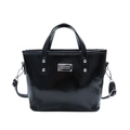 Glossy black PU leather bucket bag with silver metal plaque and crossbody strap - No Pendant / Black