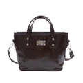 Minimalist dark brown patent leather bucket bag with glossy finish and silver hardware - No Pendant / Brown