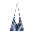 Borsa tote in tela a righe bianche e blu con fiocco in pizzo bianco decorativo - Blu