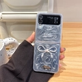 Detail of grey marble pattern phone case with white bow for Samsung Z Flip 6 - Matte Phantom Black / Samsung ZFlip3