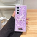 Detail of purple marble phone case with 3D white bowknot and metal brand plate decoration - Matte Phantom Purple / Samsung ZFlip3