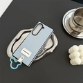 Light blue leather foldable phone case featuring a bear ring hook and text tag - Ring Holder Style / Light Blue / Samsung ZFlip3