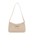 Minimalist beige crescent shoulder bag featuring a decorative golden bow buckle detail - White