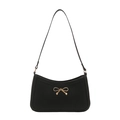 Minimalist black faux leather underarm bag with a golden metal bow accessory in front - Black