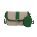 Borsa a sella beige intrecciato e pelle verde con portamonete tondo e tracolla moda - Verde