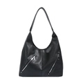 Large black pebbled leather tote bag with stylish silver zipper details and wide strap - Black