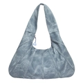 Vintage hobo shoulder bag in washed blue denim patchwork with purple zipper detail - Blue