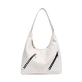 Chic beige hobo tote bag in lychee pattern leather with dual diagonal zippers - Ivory