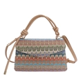 Bunte gestreifte geflochtene Umhängetasche mit Boho-Wellen und braunem Lederriemen - Khaki