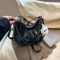 Glossy black crescent shoulder bag with silver chain and white teddy bear charm - With Charm / Black