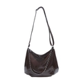 Deep brown glossy patent leather shoulder bag with silver chain and adjustable strap - No Pendant / Brown