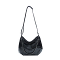 Fashionable black patent leather crescent shoulder bag with silver metal chain detail - No Pendant / Black