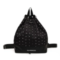 Black drawstring backpack featuring white bow prints and premium leather bottom detail - Black