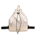 Beige drawstring backpack featuring 3D bow details and huanikou brand logo - White