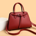 Red lychee pattern leather handbag for women with top handles and adjustable shoulder strap - Red