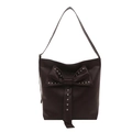 Dark brown leather tote bag with large bow and silver rivet studs on white background - Brown