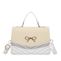 Minimalist beige straw patchwork crossbody bag with gold bow and V-quilted details - White