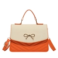 Women's chic contrast stripe handbag with orange quilting, weave flap and gold bow - Orange