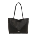 Minimalist black tote bag with crocodile texture and fashion label on white background - Black