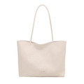 Large beige woven tote bag for women with dual shoulder straps and fashion logo tag - White