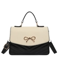 Black leather small square handbag with beige textured flap and gold bow detail - Black and White