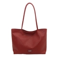Deep red woven texture tote bag with cylindrical handles and a fashion metal label - Red