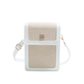Minimalist beige canvas and white leather small crossbody square bag with gold floral buckle - White (Without Charm)