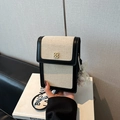 Canvas and black leather patchwork crossbody bag with golden clover clasp - Black (With Pendant)