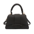 Minimalist black trapezoid handbag with lychee texture and light gold hardware - Black