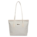 Minimalist cream white woven tote bag with slim shoulder straps and metal hardware detail - With Pendant / White