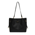 Minimalist black tote bag in synthetic leather with golden hardware and brand logo - Black