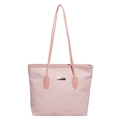 Pink woven tote bag with smooth leather trim and golden metal plate for daily commute - With Pendant / Pink