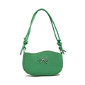 Green woven shoulder bag with silver metal bow and knotted rope strap on white background - Green