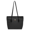 Black textured tote bag with gold metal plate and long shoulder straps for women - With Pendant / Black
