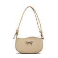 Straw woven shoulder bag with wavy edge and silver metal bow decoration in beige - Khaki