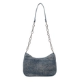 Blue denim hobo shoulder bag with silver chain strap and minimalist moon shape - Dark Blue
