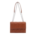Caramel brown quilted crossbody bag with silver chain strap and minimalist square design - Brown