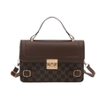 Dark brown leather and 'M' monogram canvas satchel with golden hardware finish - Brown