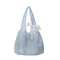 Pastel blue lace tote bag with white flower embroidery and large side bow detail - With Pendant (Lace Bow) / Blue