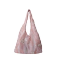 Pink floral tote bag with white flower patterns and lightweight fabric handles - No Pendant / Pink