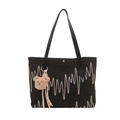 Black large tote bag with colorful wave embroidery and cute bear pendant on white background - Black