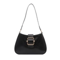 Minimalist black glossy leather underarm bag with elegant gold metal buckle detail - Black