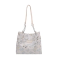 White casual shoulder tote bag with blue and gold butterfly prints and chain strap - Blue
