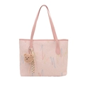 Pink faux leather tote bag with E-letter embossing and colorful wavy embroidery - Pink
