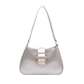 Minimalist silver metallic shoulder bag with a rectangular gold buckle on white background - Silver