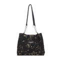 Black tote bag with gold butterfly prints and chain shoulder strap on white background - Solid Black