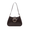 Glossy black patent leather underarm bag with vintage golden square metal buckle - Dark Brown